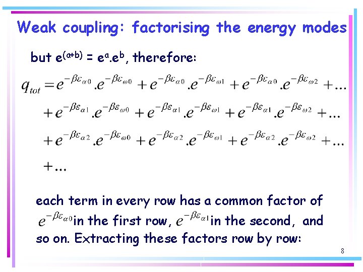 Weak coupling: factorising the energy modes but e(a+b) = ea. eb, therefore: each term