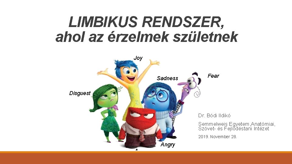 LIMBIKUS RENDSZER, ahol az érzelmek születnek Joy Sadness Fear Disguest Dr. Bódi Ildikó Semmelweis