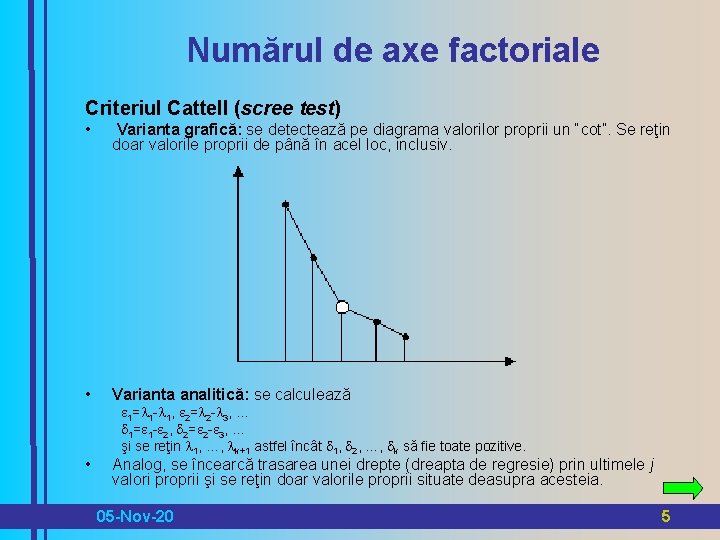 Numărul de axe factoriale Criteriul Cattell (scree test) • Varianta grafică: se detectează pe