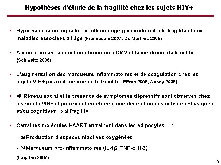 Hypothèses d’étude de la fragilité chez les sujets HIV+ ▪ Hypothèse selon laquelle l’