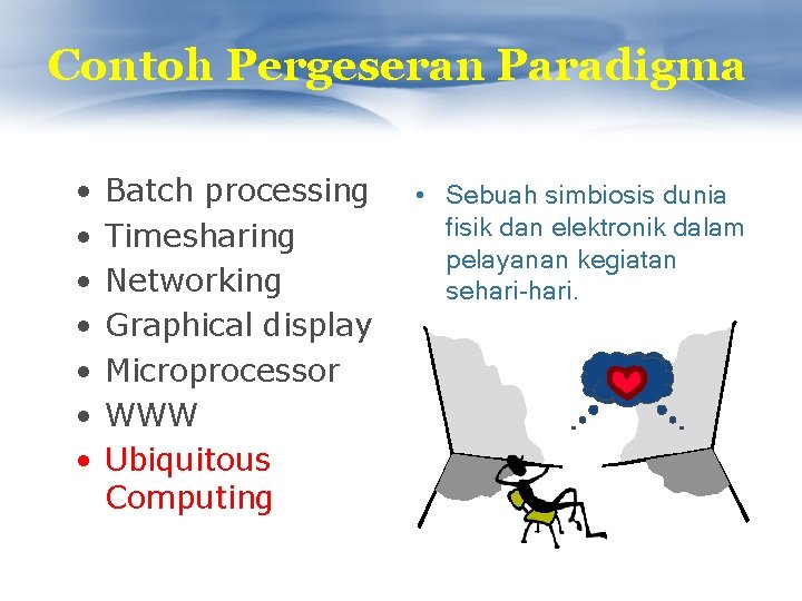 Contoh Pergeseran Paradigma • • Batch processing Timesharing Networking Graphical display Microprocessor WWW Ubiquitous