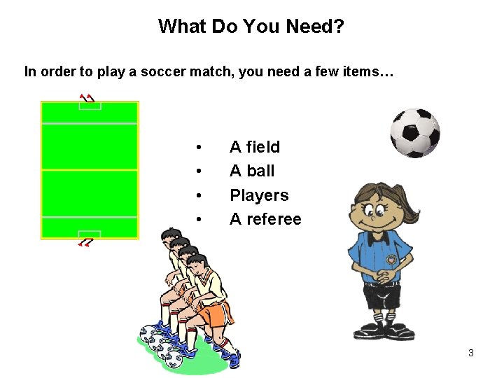 What Do You Need? In order to play a soccer match, you need a What Do You Need? In order to play a soccer match, you need a