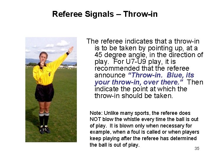 Referee Signals – Throw-in The referee indicates that a throw-in is to be taken Referee Signals – Throw-in The referee indicates that a throw-in is to be taken