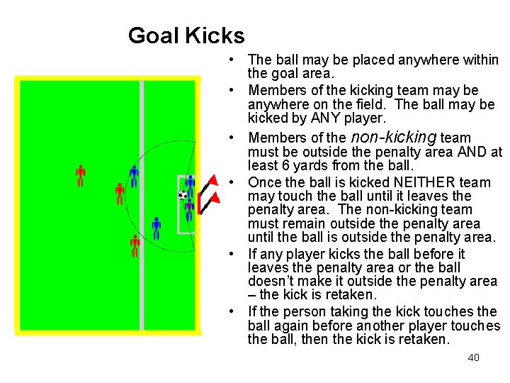 Goal Kicks • The ball may be placed anywhere within the goal area. • Goal Kicks • The ball may be placed anywhere within the goal area. •