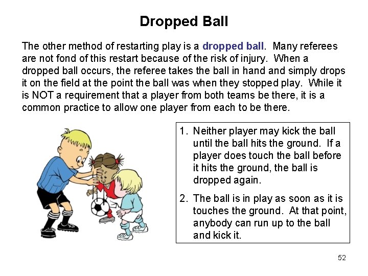 Dropped Ball The other method of restarting play is a dropped ball. Many referees Dropped Ball The other method of restarting play is a dropped ball. Many referees
