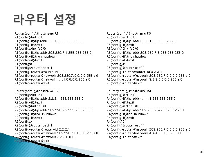 라우터 설정 Router(config)#hostname R 1(config)#int lo 0 R 1(config-if)#ip addr 1. 1 255. 0