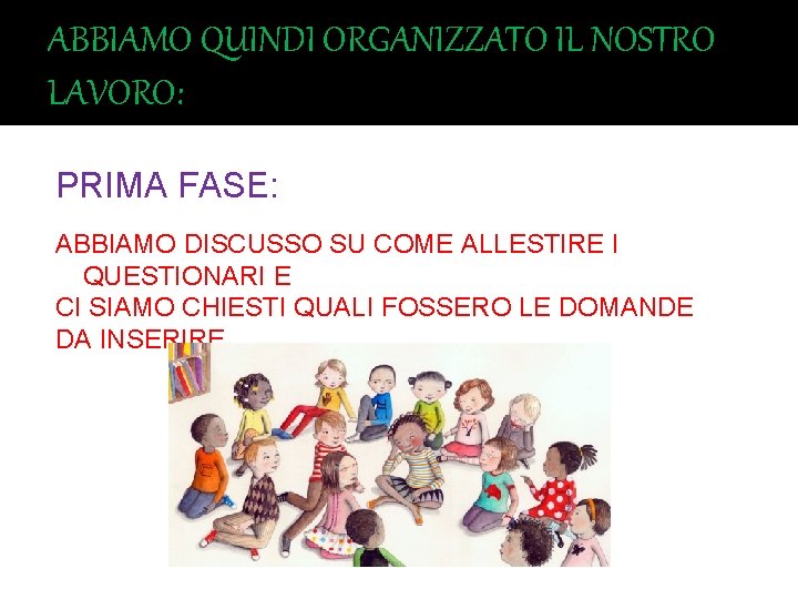ABBIAMO QUINDI ORGANIZZATO IL NOSTRO LAVORO: PRIMA FASE: ABBIAMO DISCUSSO SU COME ALLESTIRE I ABBIAMO QUINDI ORGANIZZATO IL NOSTRO LAVORO: PRIMA FASE: ABBIAMO DISCUSSO SU COME ALLESTIRE I