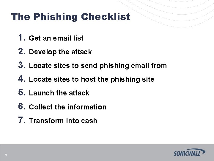 The Phishing Checklist 4 1. Get an email list 2. Develop the attack 3.
