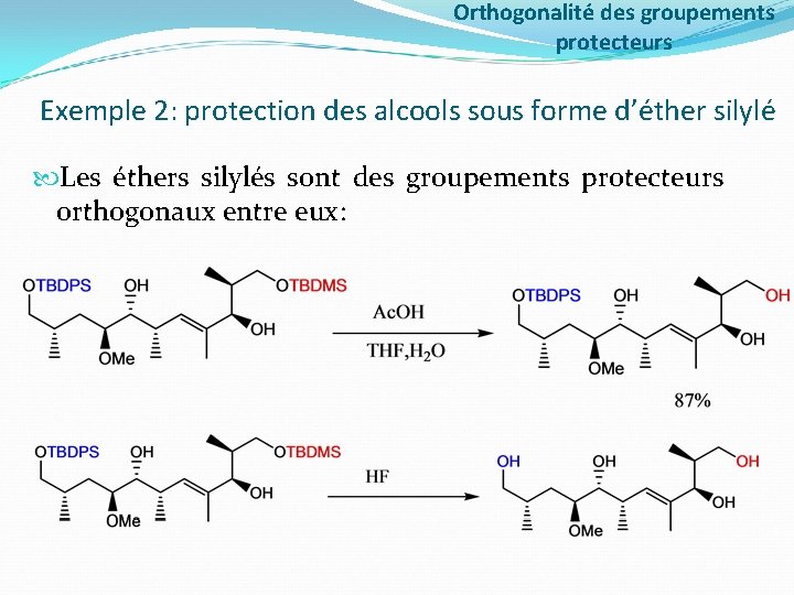 Orthogonalité des groupements protecteurs Exemple 2: protection des alcools sous forme d’éther silylé Les