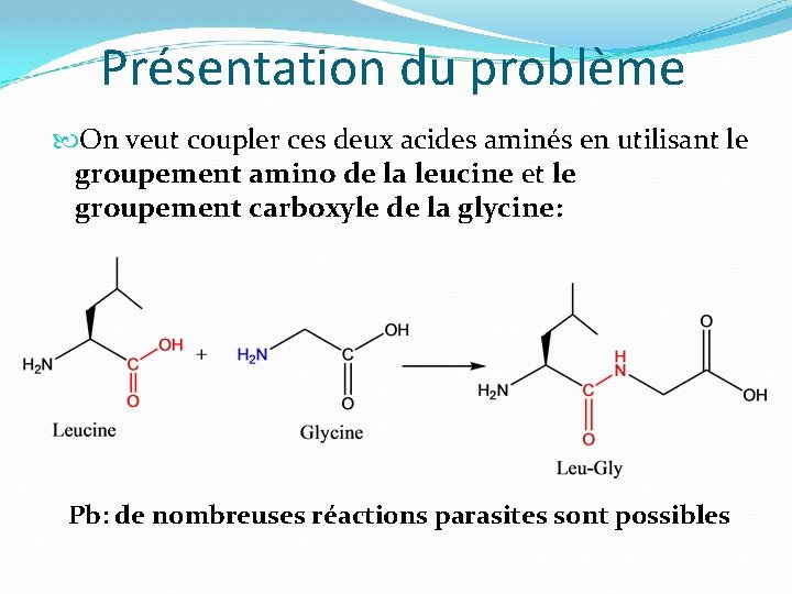 Présentation du problème On veut coupler ces deux acides aminés en utilisant le groupement