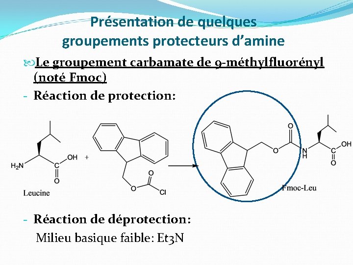 Présentation de quelques groupements protecteurs d’amine Le groupement carbamate de 9 -méthylfluorényl (noté Fmoc)