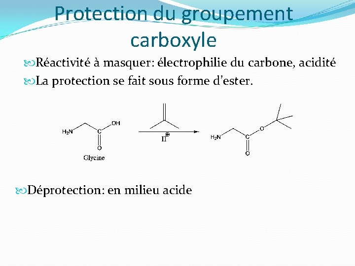 Protection du groupement carboxyle Réactivité à masquer: électrophilie du carbone, acidité La protection se