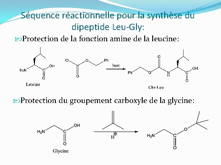 Séquence réactionnelle pour la synthèse du dipeptide Leu-Gly: Protection de la fonction amine de