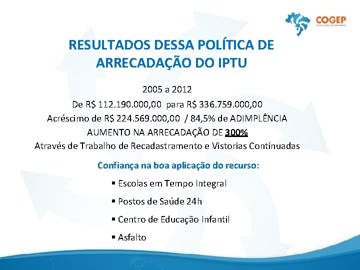 RESULTADOS DESSA POLÍTICA DE ARRECADAÇÃO DO IPTU 2005 a 2012 De R$ 112. 190.