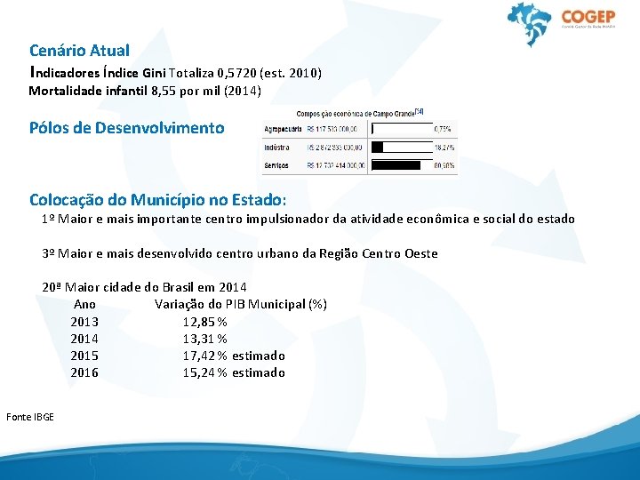 Cenário Atual Indicadores Índice Gini Totaliza 0, 5720 (est. 2010) Mortalidade infantil 8, 55