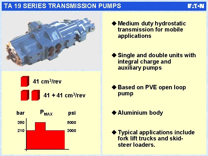 TA 19 SERIES TRANSMISSION PUMPS u Medium duty hydrostatic transmission for mobile applications u