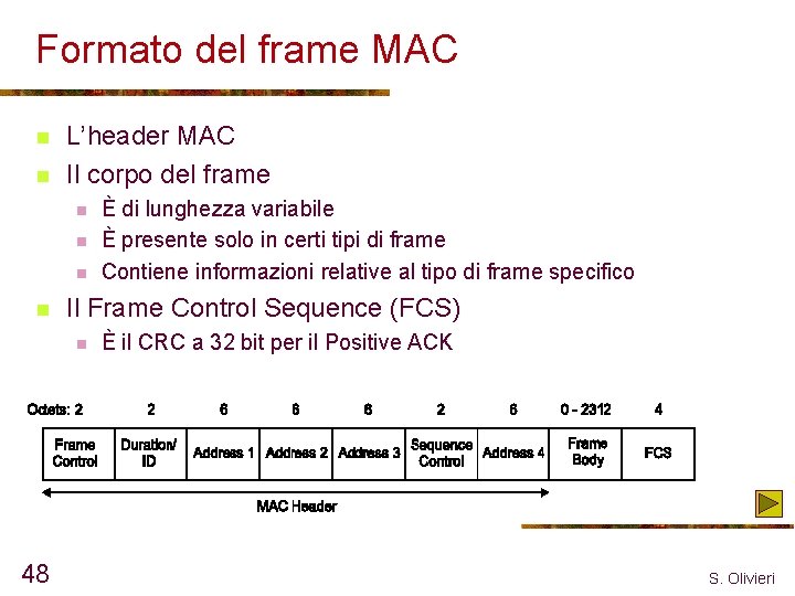 Formato del frame MAC n n L’header MAC Il corpo del frame n n