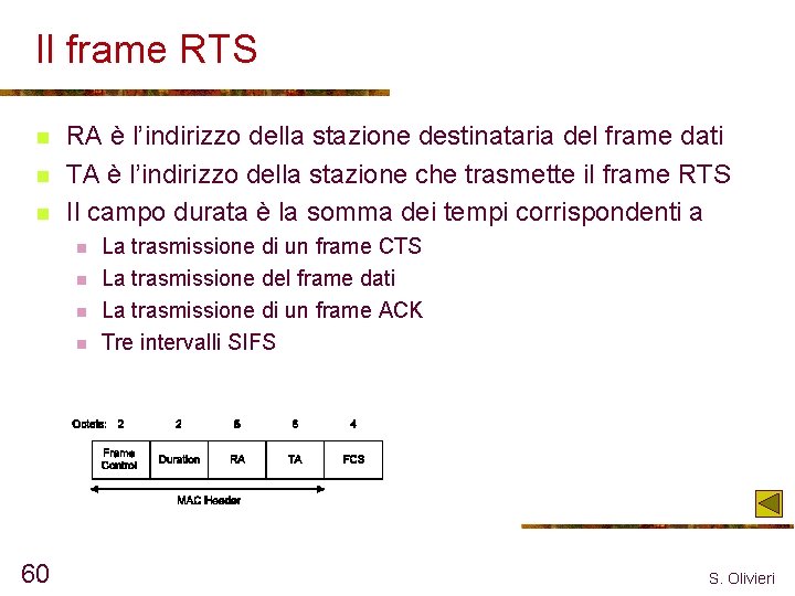 Il frame RTS n n n RA è l’indirizzo della stazione destinataria del frame