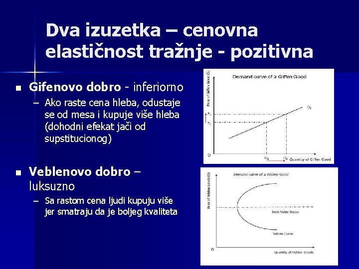 Dva izuzetka – cenovna elastičnost tražnje - pozitivna n Gifenovo dobro - inferiorno –