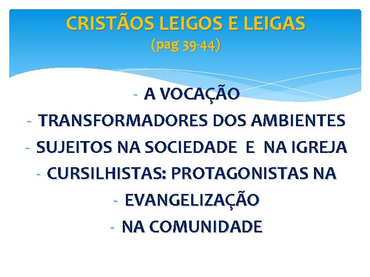 CRISTÃOS LEIGOS E LEIGAS (pag 39 -44) - A VOCAÇÃO - TRANSFORMADORES DOS AMBIENTES