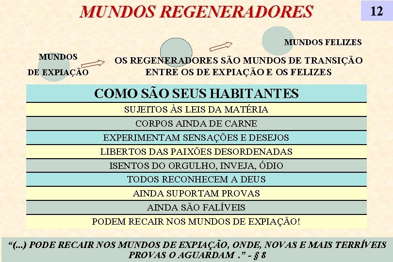 MUNDOS REGENERADORES 12 MUNDOS FELIZES MUNDOS DE EXPIAÇÃO OS REGENERADORES SÃO MUNDOS DE TRANSIÇÃO