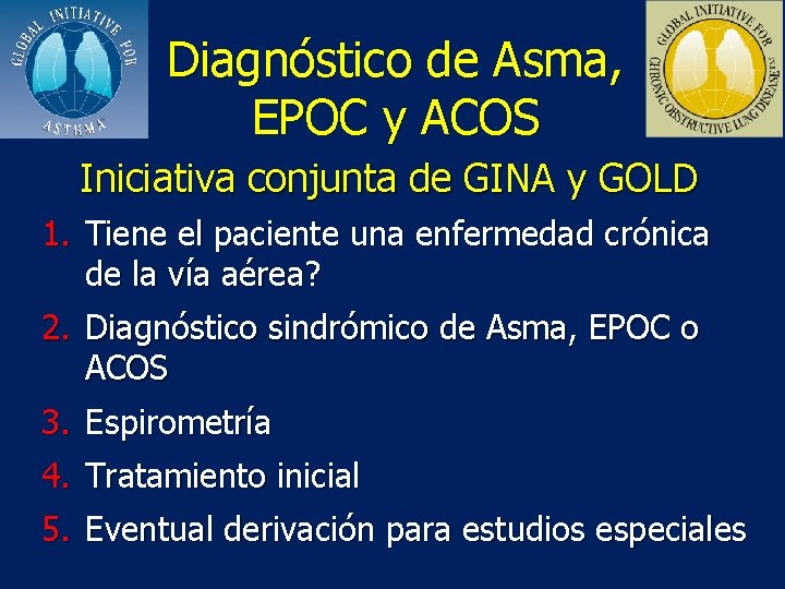 Diagnóstico de Asma, EPOC y ACOS Iniciativa conjunta de GINA y GOLD 1. Tiene