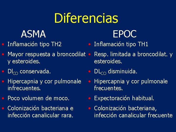 Diferencias ASMA • Inflamación tipo TH 2 EPOC • Inflamación tipo TH 1 •
