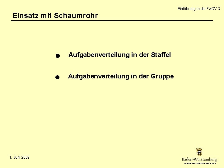 Einführung in die Fw. DV 3 Einsatz mit Schaumrohr Aufgabenverteilung in der Staffel Aufgabenverteilung