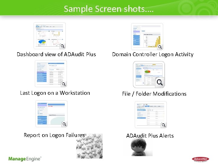Sample Screen shots. … Dashboard view of ADAudit Plus Domain Controller Logon Activity Last