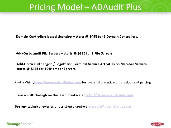 Pricing Model – ADAudit Plus Domain Controllers based Licensing – starts @ $495 for