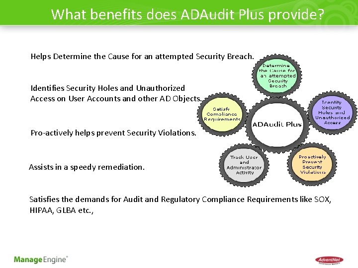 What benefits does ADAudit Plus provide? Helps Determine the Cause for an attempted Security