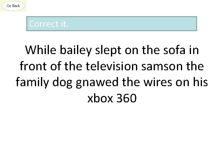 Correct it. While bailey slept on the sofa in front of the television samson