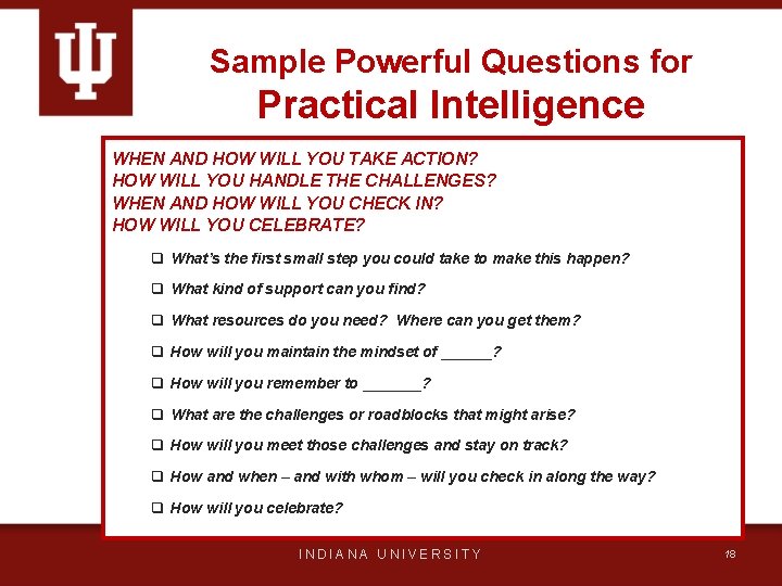 Sample Powerful Questions for Practical Intelligence WHEN AND HOW WILL YOU TAKE ACTION? HOW