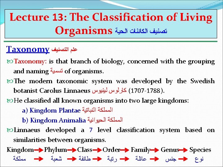 Lecture 13: The Classification of Living Organisms ﺗﺼﻨﻴﻒ ﺍﻟﻜﺎﺋﻨﺎﺕ ﺍﻟﺤﻴﺔ Taxonomy ﻋﻠﻢ ﺍﻟﺘﺼﻨﻴﻒ Taxonomy: