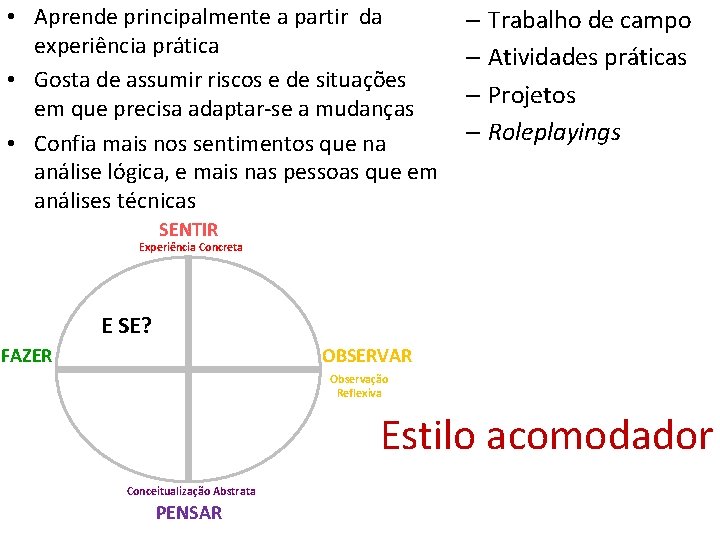  • Aprende principalmente a partir da experiência prática • Gosta de assumir riscos
