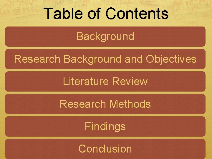 Table of Contents Background Research Background and Objectives Literature Review Research Methods Findings Conclusion