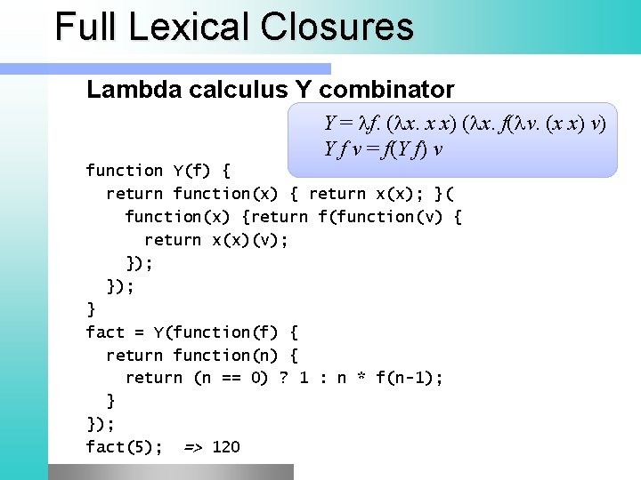 Full Lexical Closures Lambda calculus Y combinator Y = f. ( x. x x)