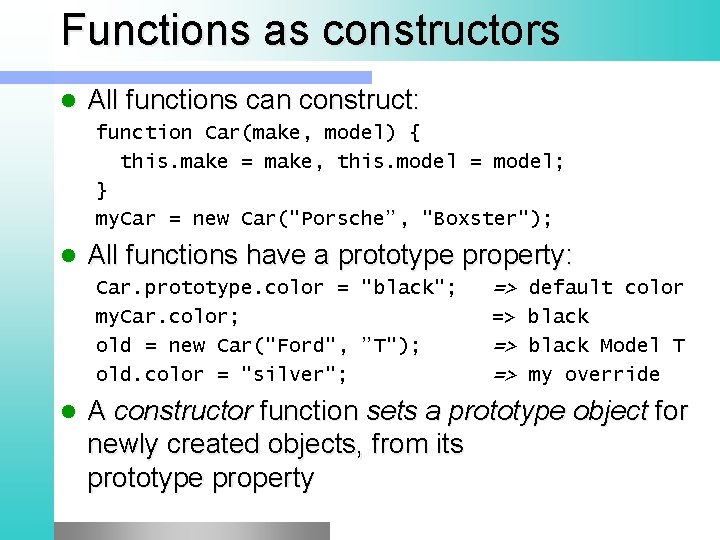 Functions as constructors l All functions can construct: function Car(make, model) { this. make