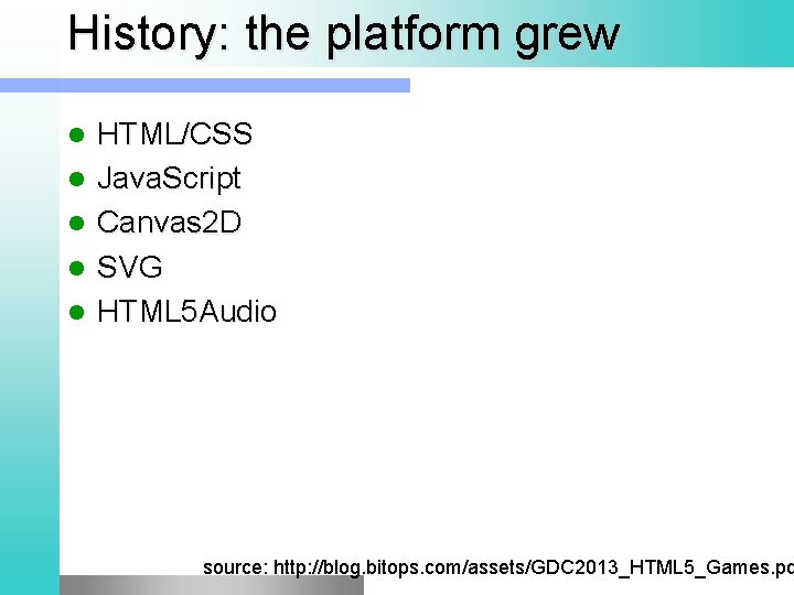 History: the platform grew l l l HTML/CSS Java. Script Canvas 2 D SVG
