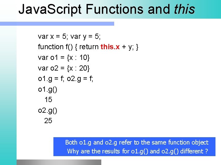 Java. Script Functions and this var x = 5; var y = 5; function
