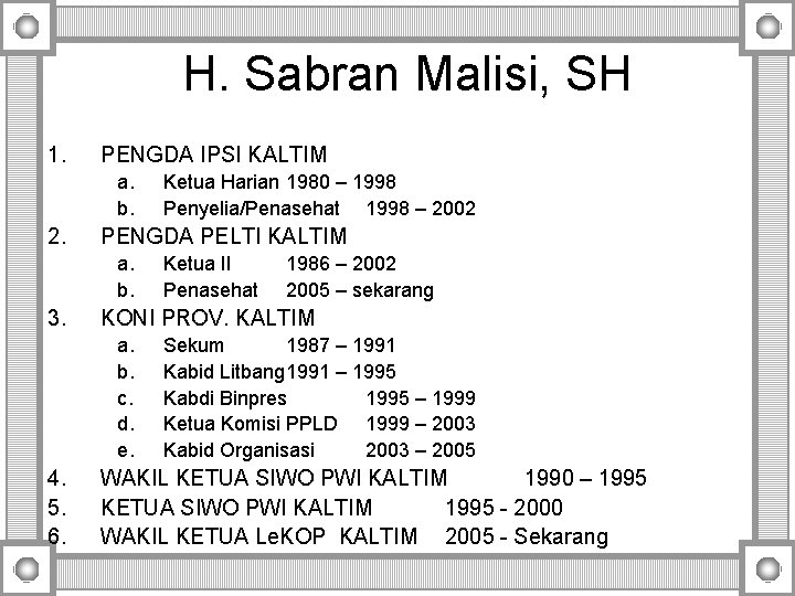 H. Sabran Malisi, SH 1. PENGDA IPSI KALTIM a. b. 2. PENGDA PELTI KALTIM