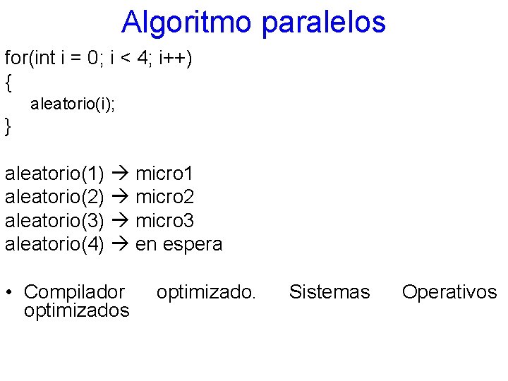 Algoritmo paralelos for(int i = 0; i < 4; i++) { aleatorio(i); } aleatorio(1)