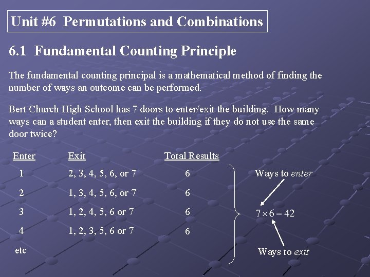 Unit #6 Permutations and Combinations 6. 1 Fundamental Counting Principle The fundamental counting principal