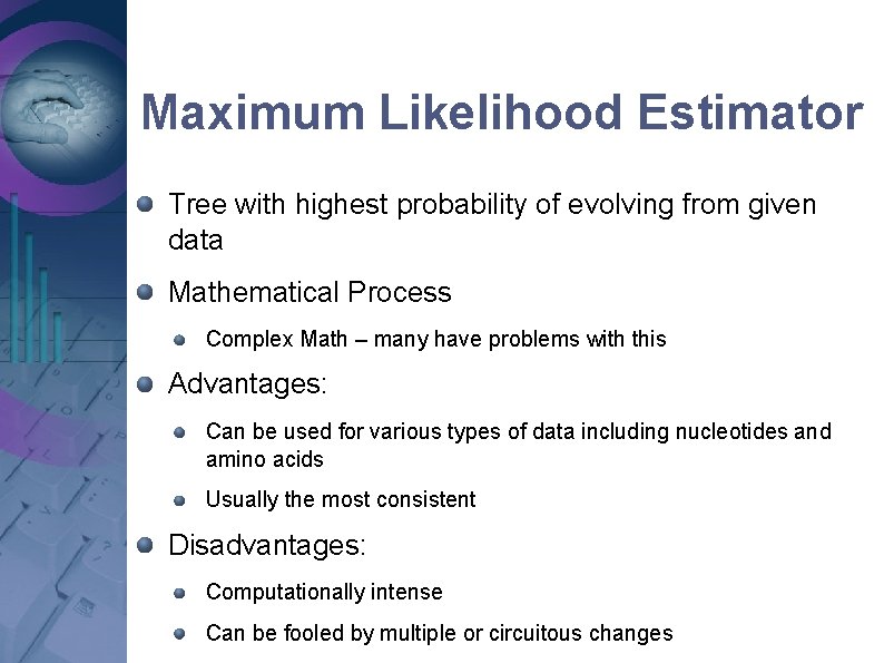 Maximum Likelihood Estimator Tree with highest probability of evolving from given data Mathematical Process Maximum Likelihood Estimator Tree with highest probability of evolving from given data Mathematical Process