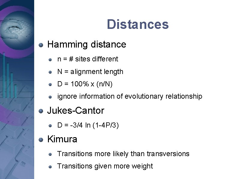 Distances Hamming distance n = # sites different N = alignment length D = Distances Hamming distance n = # sites different N = alignment length D =