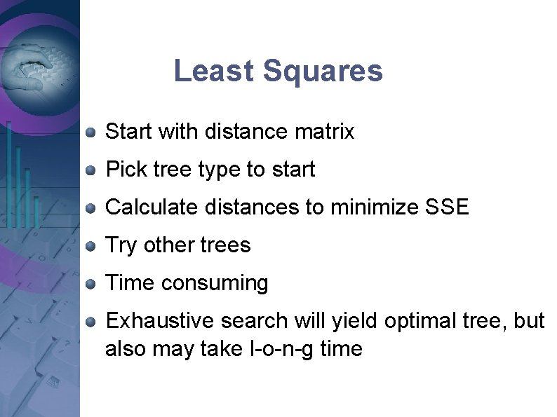Least Squares Start with distance matrix Pick tree type to start Calculate distances to Least Squares Start with distance matrix Pick tree type to start Calculate distances to