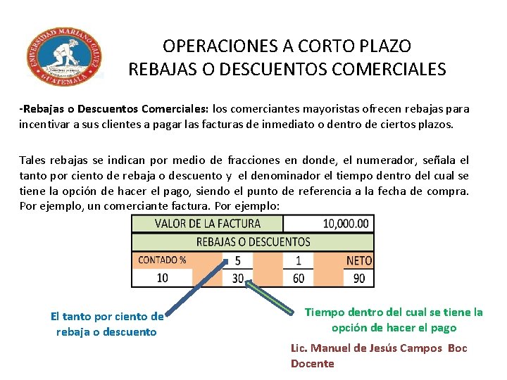 OPERACIONES A CORTO PLAZO REBAJAS O DESCUENTOS COMERCIALES -Rebajas o Descuentos Comerciales: los comerciantes