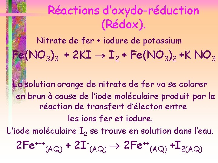 Réactions d’oxydo-réduction (Rédox). Nitrate de fer + iodure de potassium Fe(NO 3)3 + 2