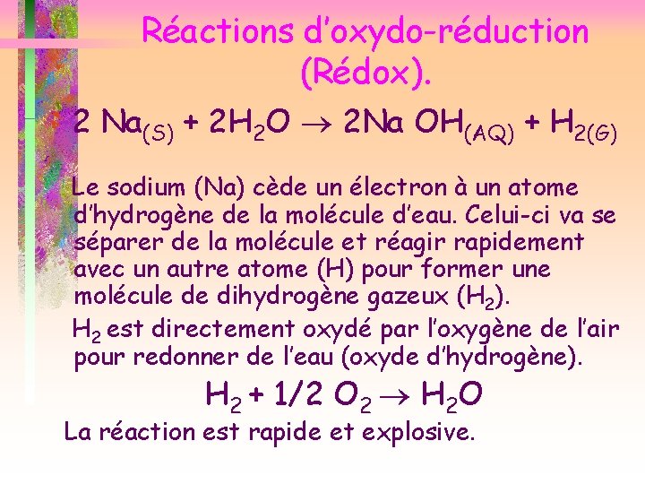 Réactions d’oxydo-réduction (Rédox). 2 Na(S) + 2 H 2 O 2 Na OH(AQ) +