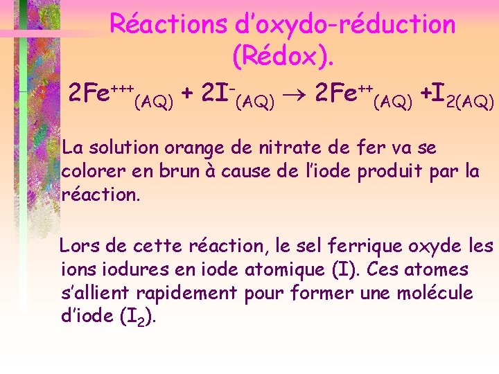 Réactions d’oxydo-réduction (Rédox). 2 Fe+++(AQ) + 2 I-(AQ) 2 Fe++(AQ) +I 2(AQ) La solution